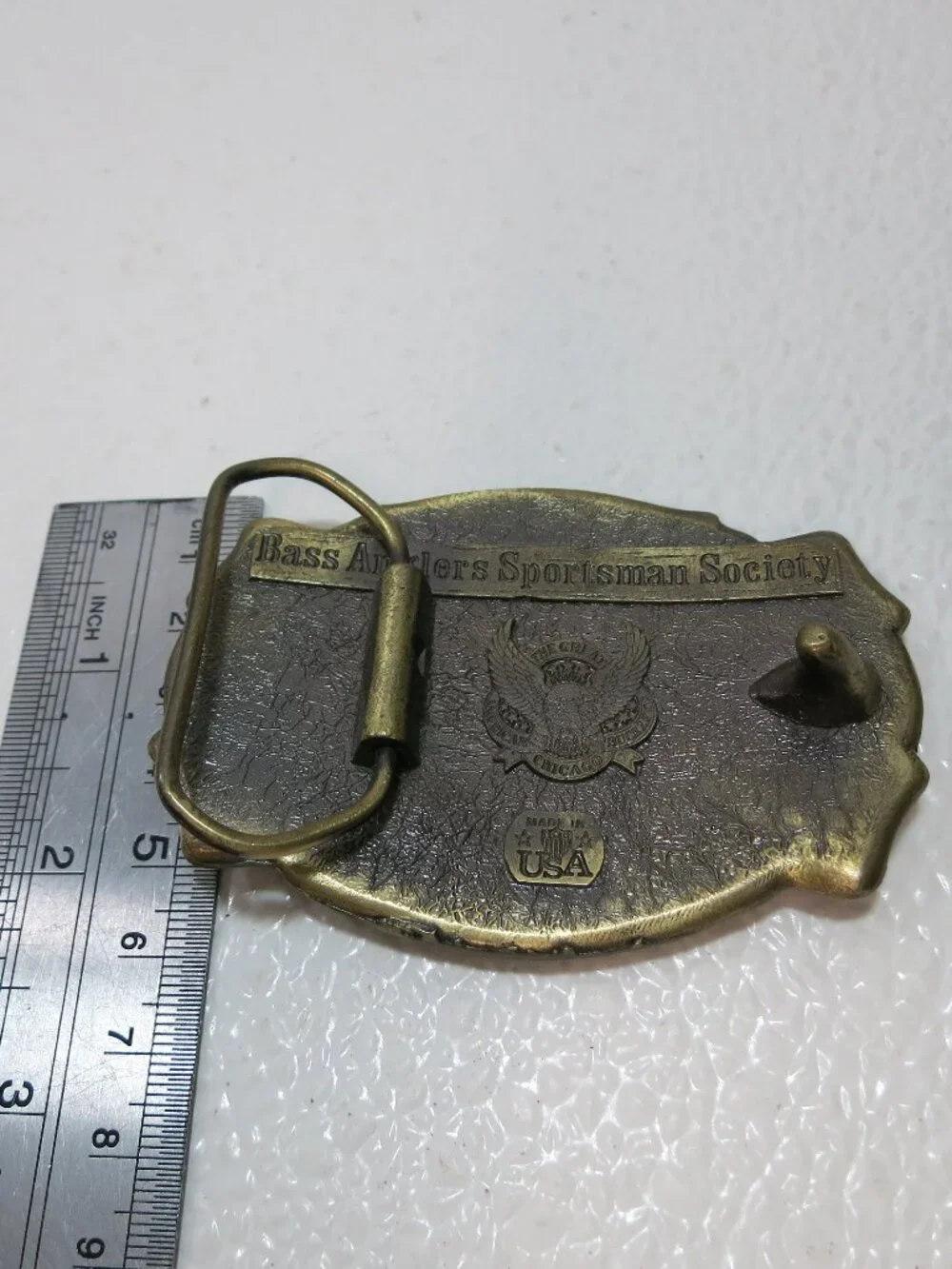 Bass Anglers Sportsman Society Fishing Belt Buckle Brass Chicago Belt Co. USA